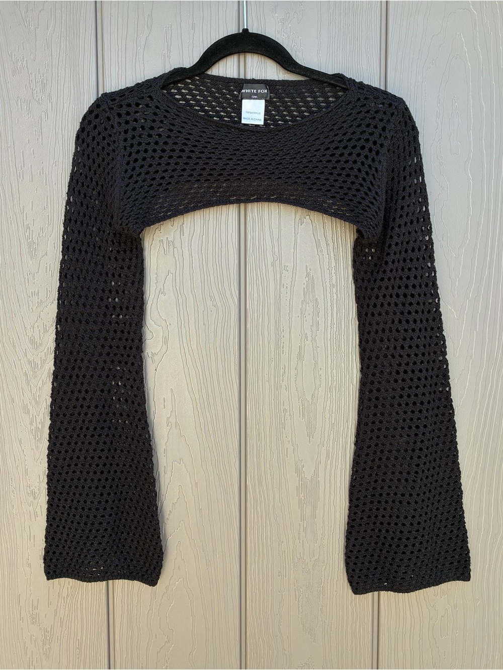 White Fox Boutique Bolero Shrug Black Mesh Crochet Small Micro Crop Arm Sweater